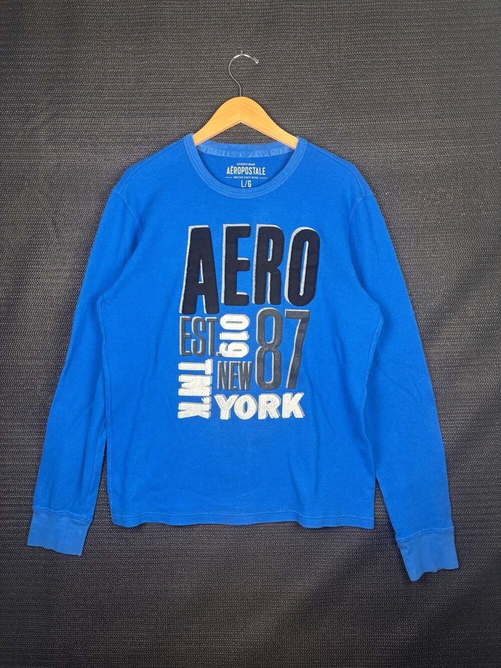 Aeropostale Waffle Knit Long Sleeve Shirt Size L Blue Graphic
